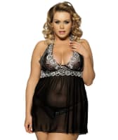 Curvy Mesh & Lace Halter Babydoll with G-String - Black Babydoll / Chemise 12-14 Black