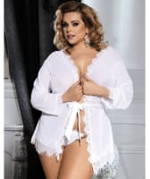 Curvy Mesh & Lace Trim Robe with Thong - White Babydoll / Chemise