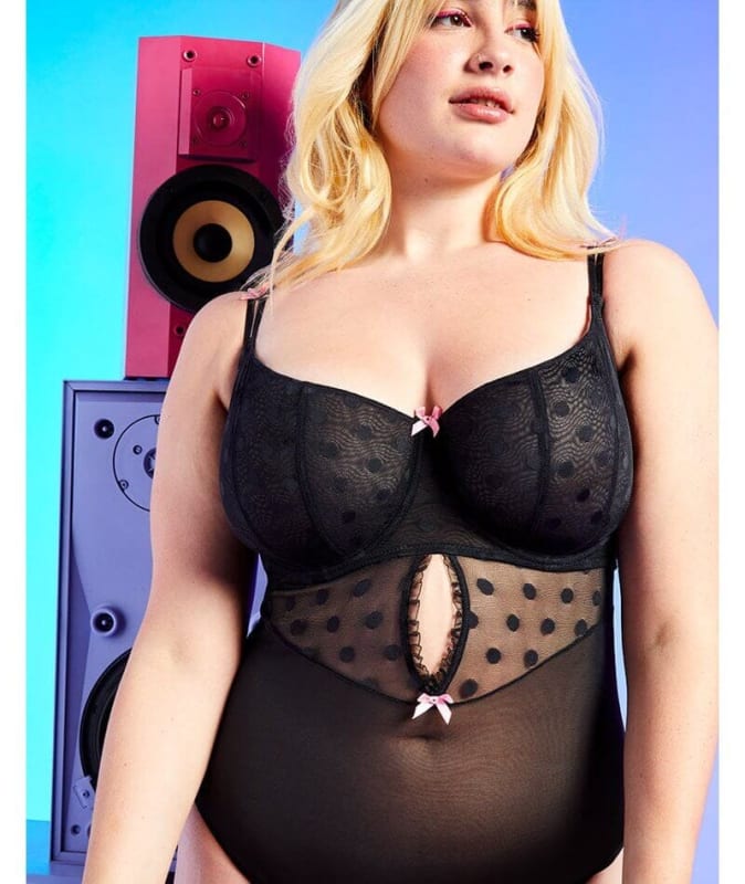 Curvy Kate Frill Me Balcony Bodysuit - Black/Pink Bodysuits & Basques