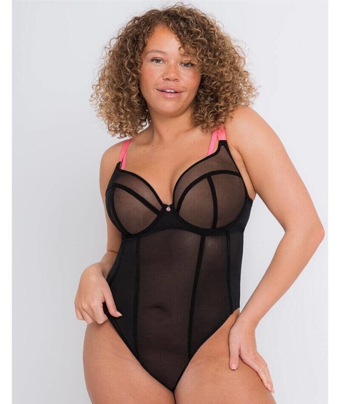 Scantilly Elementary Plunge Bodysuit - Black/Pink Bodysuits & Basques