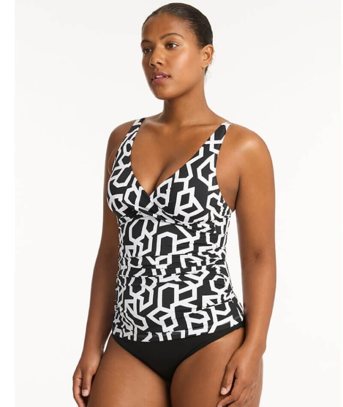 Sea Level Deco Cross Front A to DD Cup Singlet Top - Black Swimwear