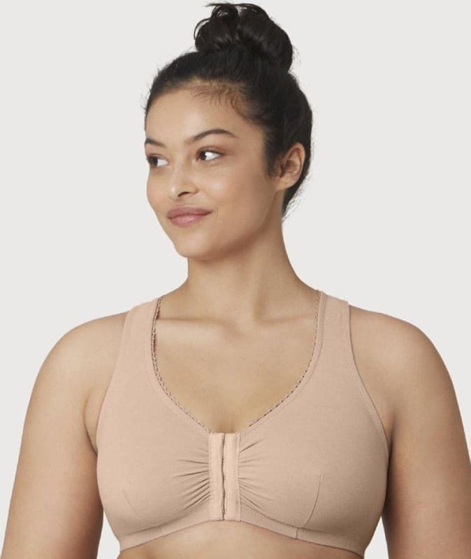 Glamorise Front-Close Cotton T-Back Comfort Bra - Cafe Bras