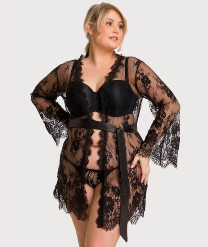 Curvy All Over Lace Long Sleeve Short Robe Sleepwear with Thong - Black Babydoll / Chemise
