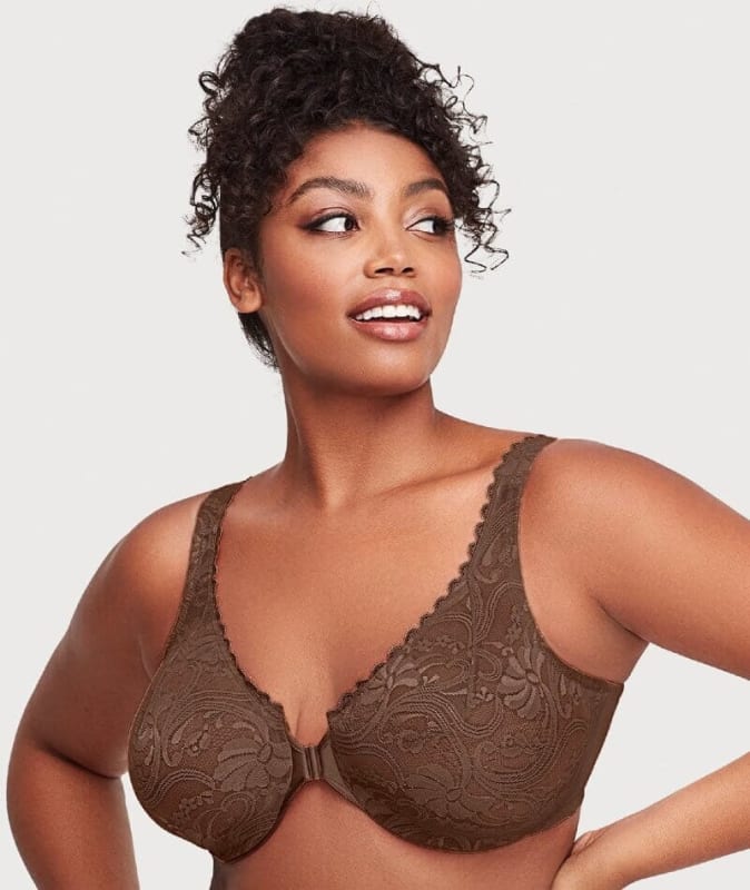 Glamorise WonderWire Front-Closure Stretch Lace Bra - Mocha Bras