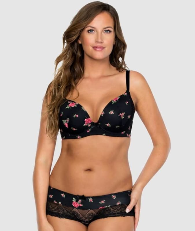 Parfait Casey Contour Plunge Bra - Black with Rose Print Bras 