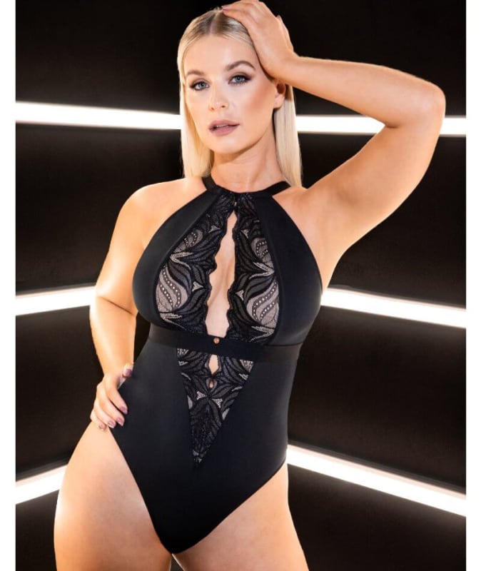 Scantilly Indulgence Stretch Lace Bodysuit - Black/Latte Bodysuits & Basques 