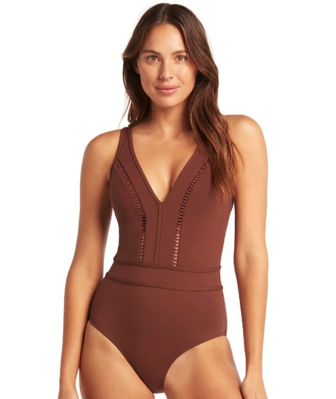 Sea Level Lola Shimmer Spliced Plunge with Ladder Lace One Piece Swimsuit - Cinnamon Swim